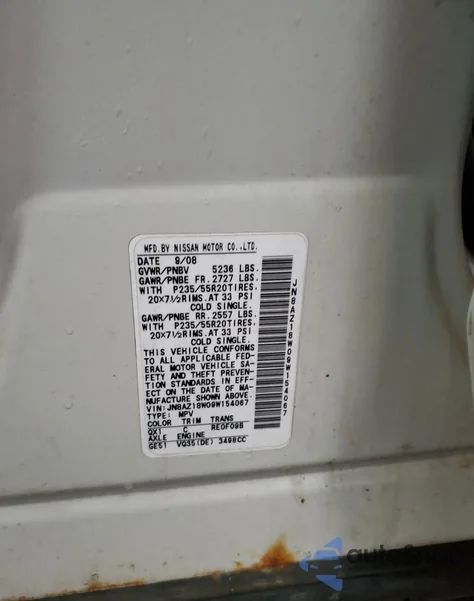 2009 Nissan Murano S z USA, uszkodzony, nr VIN JN8AZ18W09W154067